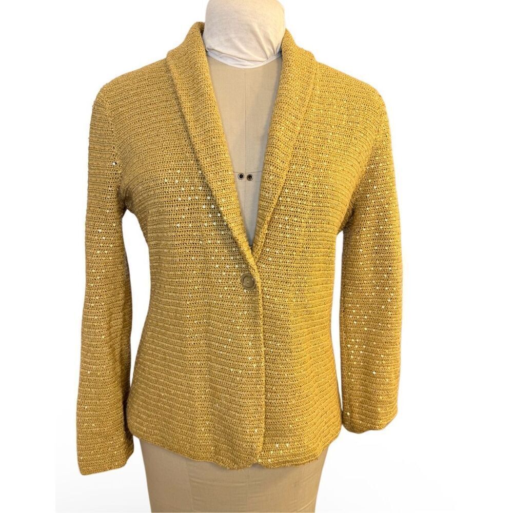Jones New York Signature Mercerized Cotton Knit Blazer Gold Metallic Sequins